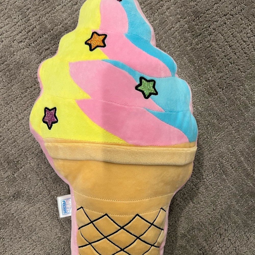 Ice Cream Cone 2 Scoops Brand Bubble Gum Scented Sparkly Star Plush Pillow 16"